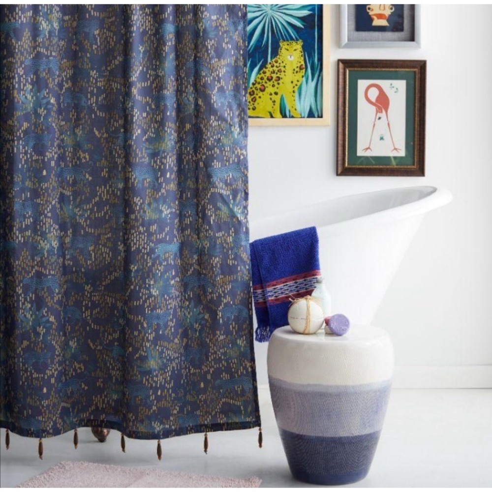 Dotted‎ Leopard Navy Blue Shower Curtain by Drew Barrymore 72" x 84" Bead Tassel